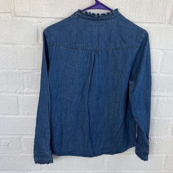 Boden Frill Ruffle Indigo Denim Cotton Button Down Blouse sz 8 - Picture 9 of 9
